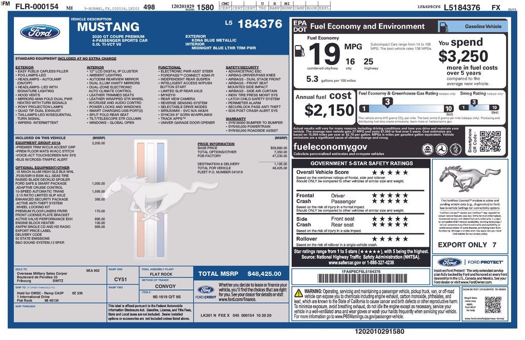 2020 Ford Mustang GT Premium 5.0 LITER V8 HEATED LEATHER NAVIGATION