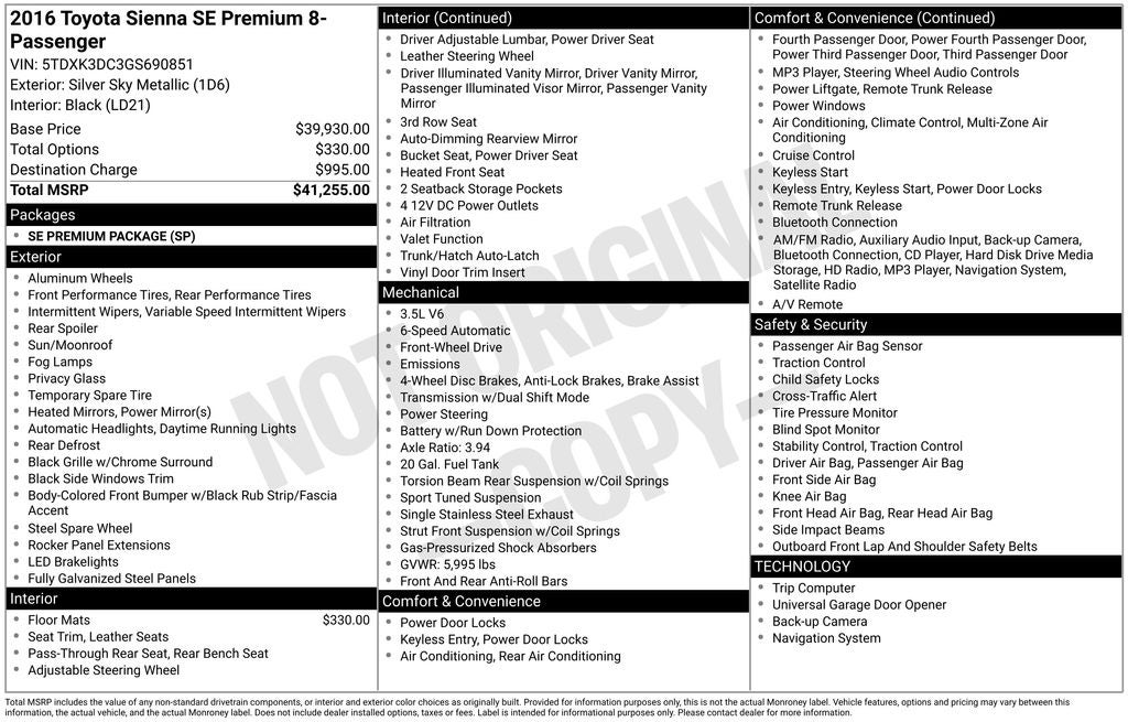 2016 Toyota Sienna L 7 Passenger